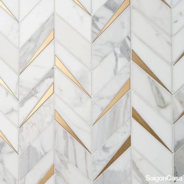 Mosaic Trang Trí Đá Marble & Kim Loại Carrara Chevron