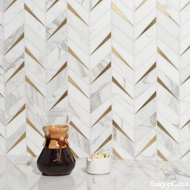 Mosaic Trang Trí Đá Marble & Kim Loại Carrara Chevron