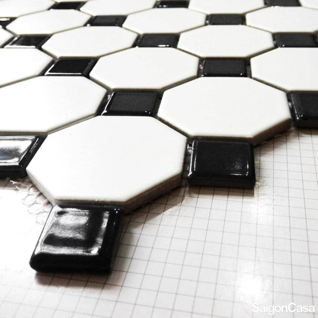 Gạch Mosaic Trắng Đen Bát Giác 