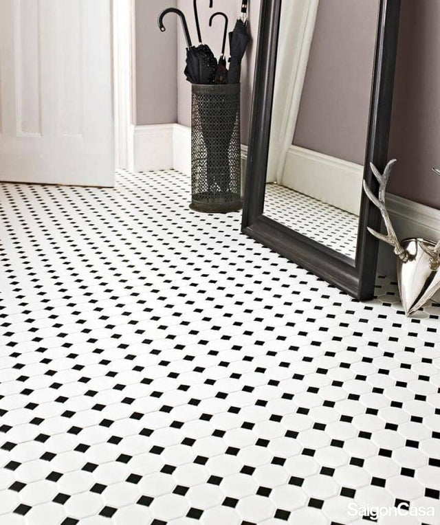 Gạch Mosaic Trắng Đen Bát Giác 