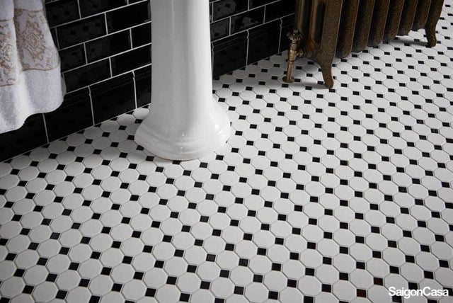 Gạch Mosaic Trắng Đen Bát Giác 