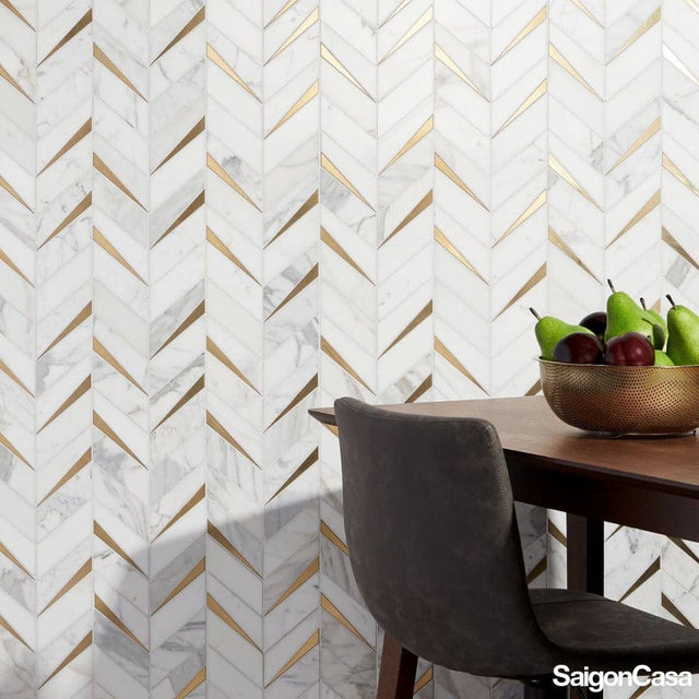 Mosaic Trang Trí Đá Marble & Kim Loại Carrara Chevron