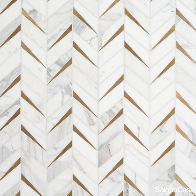 Mosaic Trang Trí Đá Marble & Kim Loại Carrara Chevron