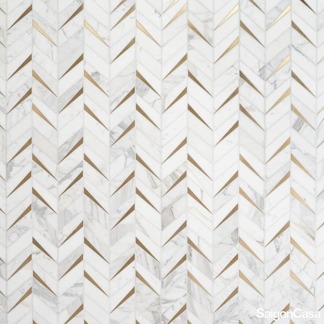 Mosaic Trang Trí Đá Marble & Kim Loại Carrara Chevron
