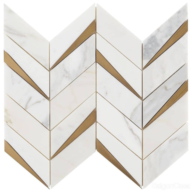 Mosaic Trang Trí Đá Marble & Kim Loại Carrara Chevron