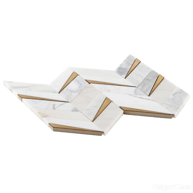 Mosaic Trang Trí Đá Marble & Kim Loại Carrara Chevron