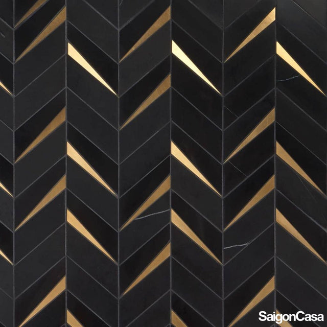 Mosaic Trang Trí Đá Marble & Kim Loại Nero Chevron