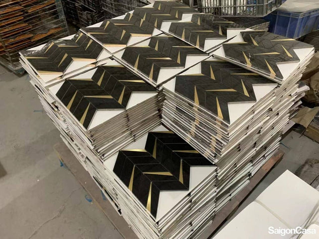 Mosaic Trang Trí Đá Marble & Kim Loại Nero Chevron