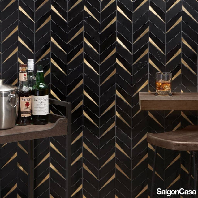 Mosaic Trang Trí Đá Marble & Kim Loại Nero Chevron