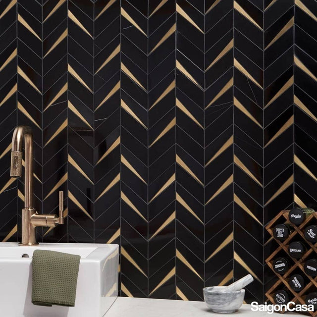 Mosaic Trang Trí Đá Marble & Kim Loại Nero Chevron